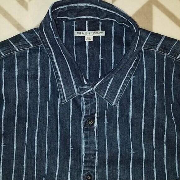 NWT Threads 4 Thought Button Down Shirt Blue Denim Pinstripe XL - Picture 3 of 6